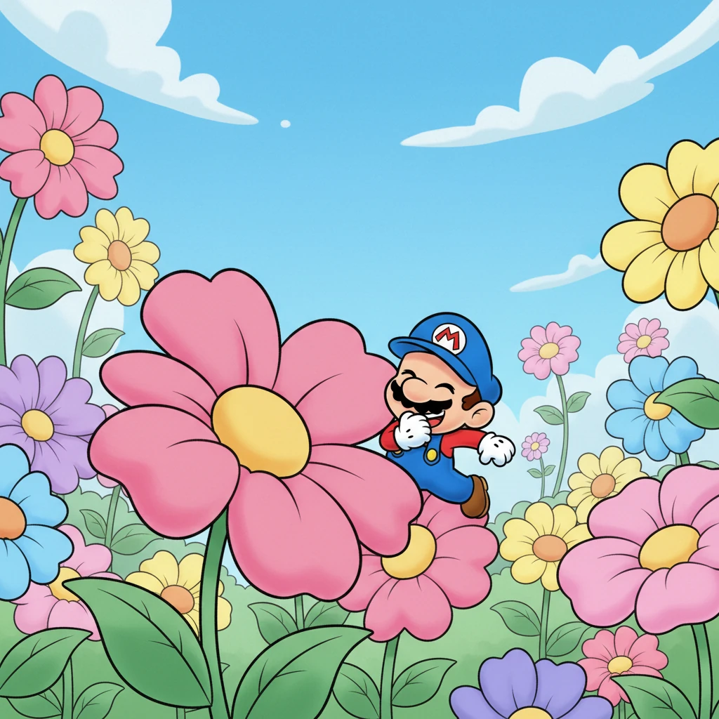 Después de mucha diversión y búsqueda, llegaron a un campo de flores gigantes donde escucharon risitas familiares. ¡Allí estaba Tito, escondido detrás de una enorme flor de pétalos rosados, jugando a las escondidas!