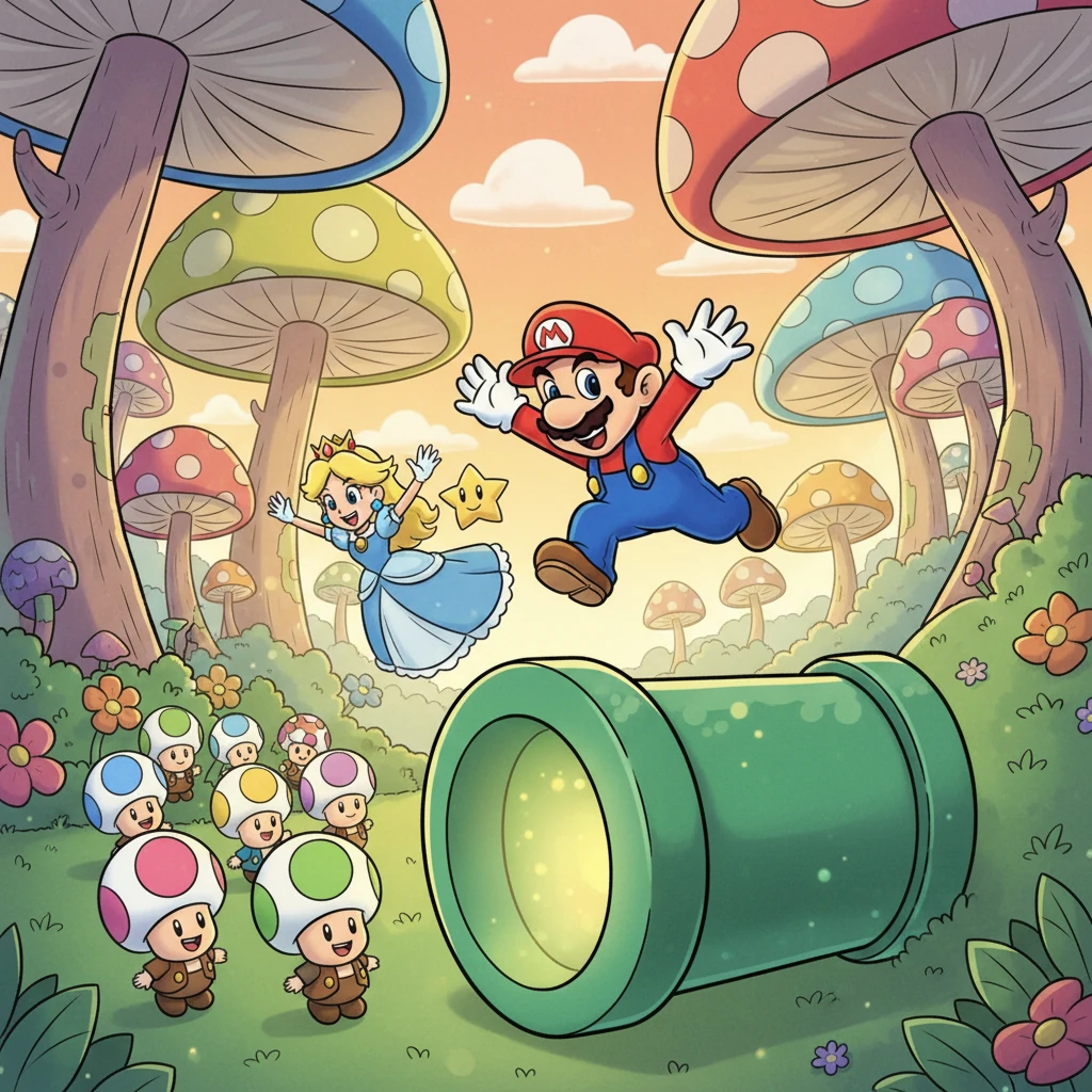 Juntos, los tres amigos encontraron una tubería de regreso a casa, esta vez más grande y brillante, que prometía un viaje rápido y seguro. Se despidieron de sus nuevos amigos del bosque de hongos y saltaron con emoción.