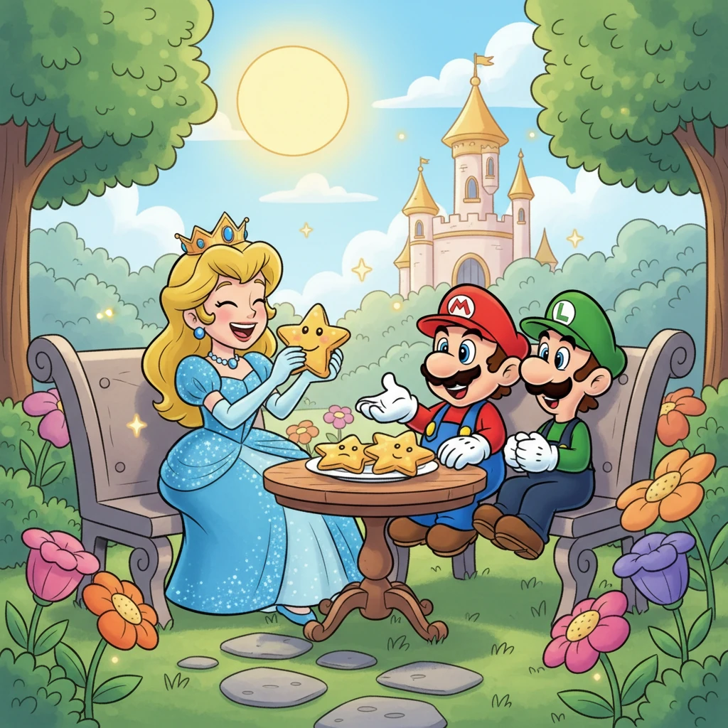 De vuelta en el jardín real, bajo el cálido sol, los tres amigos compartieron galletas de estrellas y contaron sus aventuras. Estela sabía que la amistad era el tesoro más grande de todos.