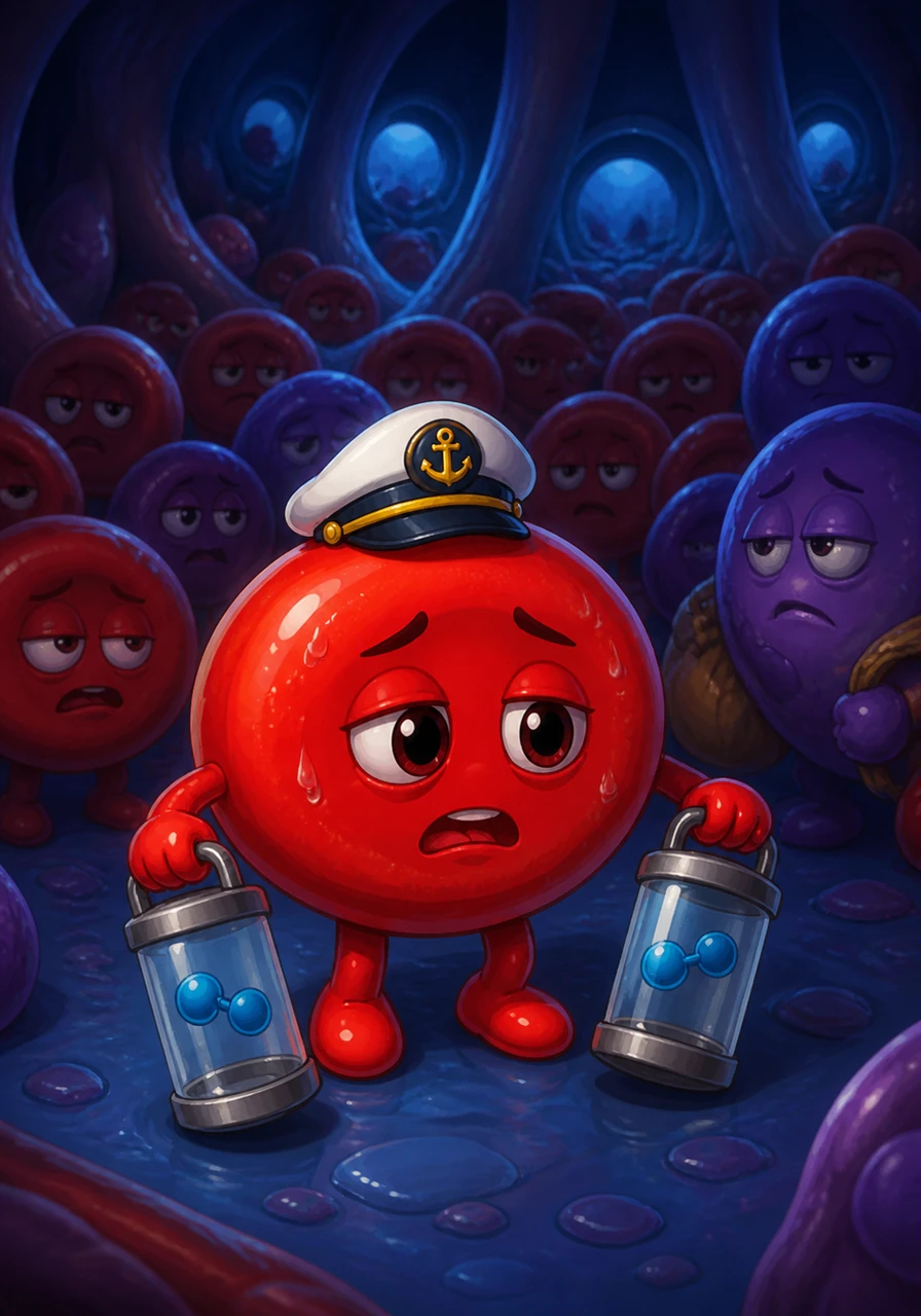 Captain Hemo, a cheerful red blood cell wearing a tiny navigator's hat, arrives at the dark and crowded Superior Vena Cava terminal. He looks a bit tired and blue, carrying empty oxygen canisters after a long trip around the body.