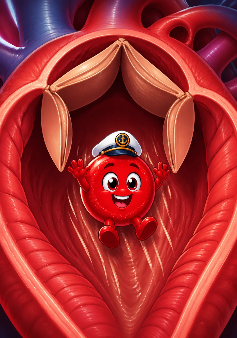 Suddenly, the Tricuspid Valve opens like a set of three heavy trapdoors, and Hemo slides down into the Right Ventricle. The muscular walls around him are thick and ready to give him a powerful push upward.