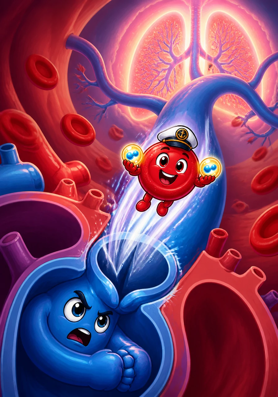 With a sudden squeeze, the Right Ventricle launches Hemo through the semi-lunar Pulmonary Valve. He shoots upward through the pulmonary artery, heading toward the distant, glowing Lung Forests.
