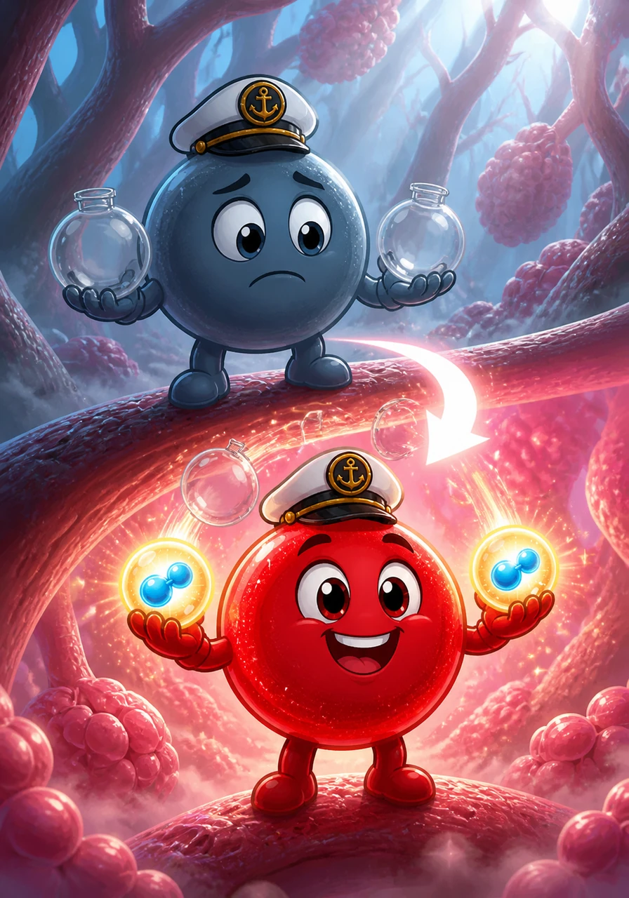 In the Lung Forests, Hemo swaps his empty canisters for bright, glowing spheres of oxygen. He transforms from a dull blue to a vibrant, sparkling crimson as he breathes in the fresh, misty air.