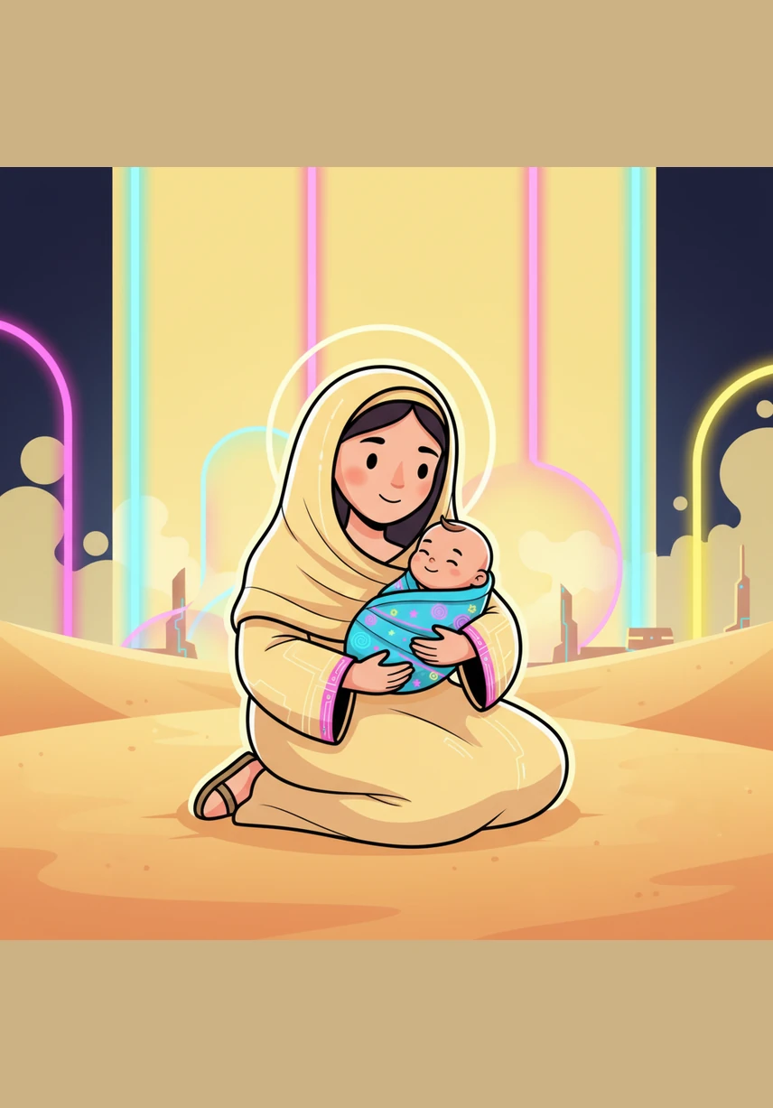 Hajar sits on the soft, warm sand, cradling her little baby Ismail in her arms. She has a gentle presence, holding her baby close with great love and care under the soft yellow sky.
