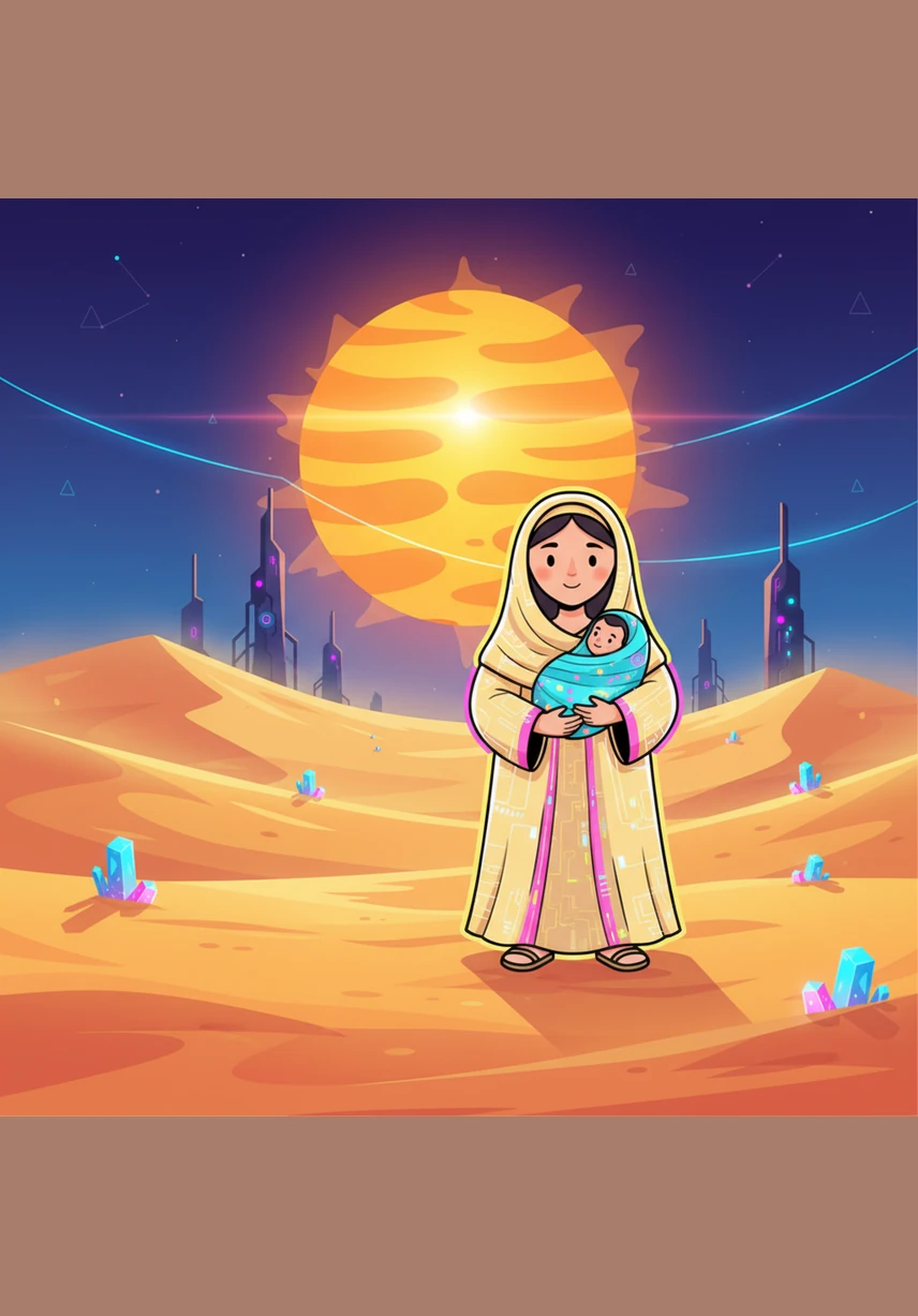 The desert is very quiet and very big, with nothing but golden sand and a bright sun high above. Hajar and her baby are all alone in the wide, empty space, surrounded by the peaceful silence of the dunes.
