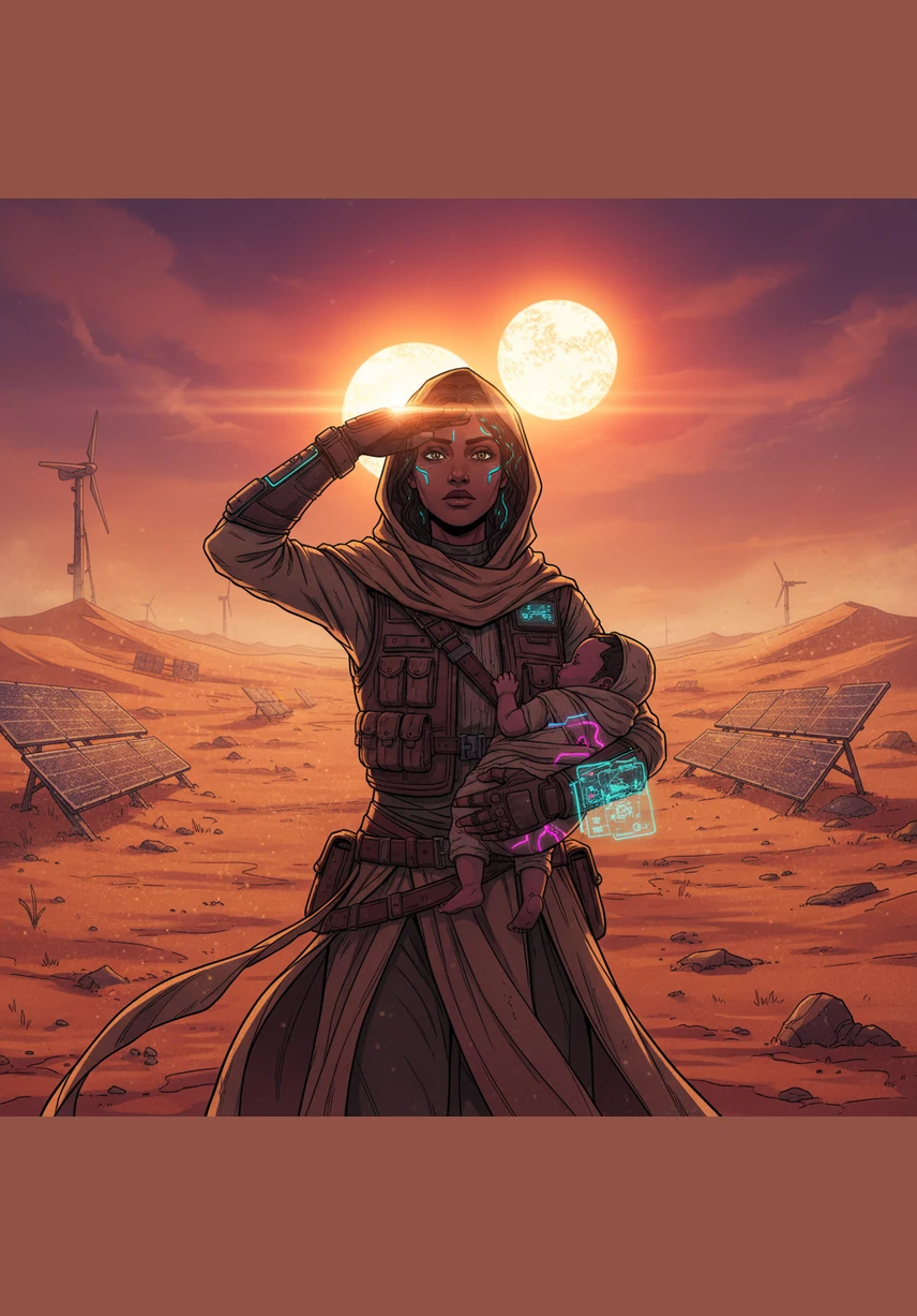 Hajar stands up and shades her eyes with her hand, looking far across the hot desert to find some water. She feels a little worried, but she stays very strong as she looks out over the shimmering heat.
