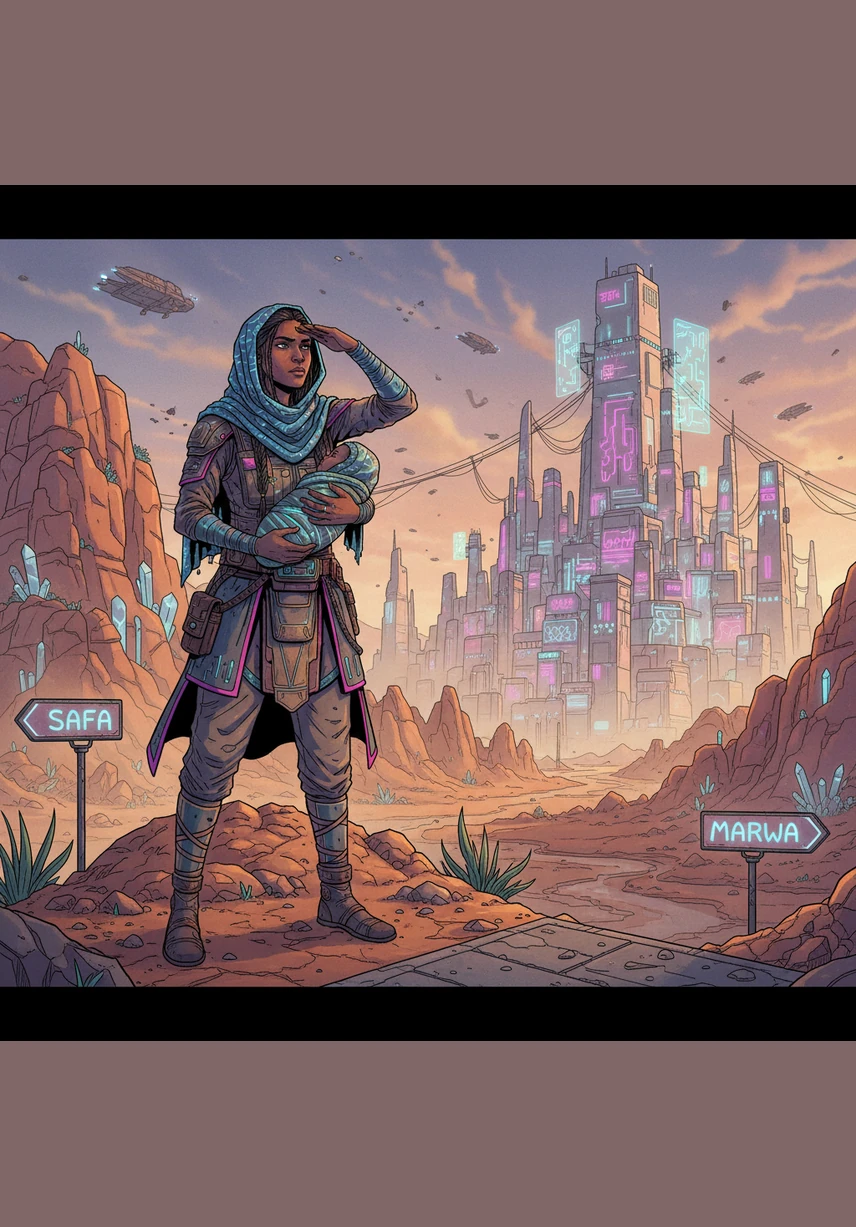 Hajar walks toward a small, simple hill called Safa and climbs to the very top. She stands on the hill, looking around the desert and hoping to see someone who can help.