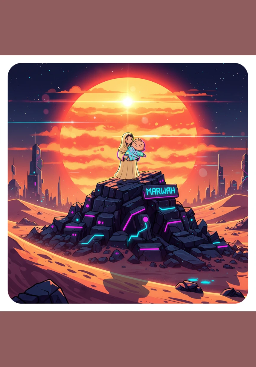 She walks across the sand to another hill called Marwah and climbs up to look again. She turns her head left and right, searching the horizon while the big sun shines down on the path.