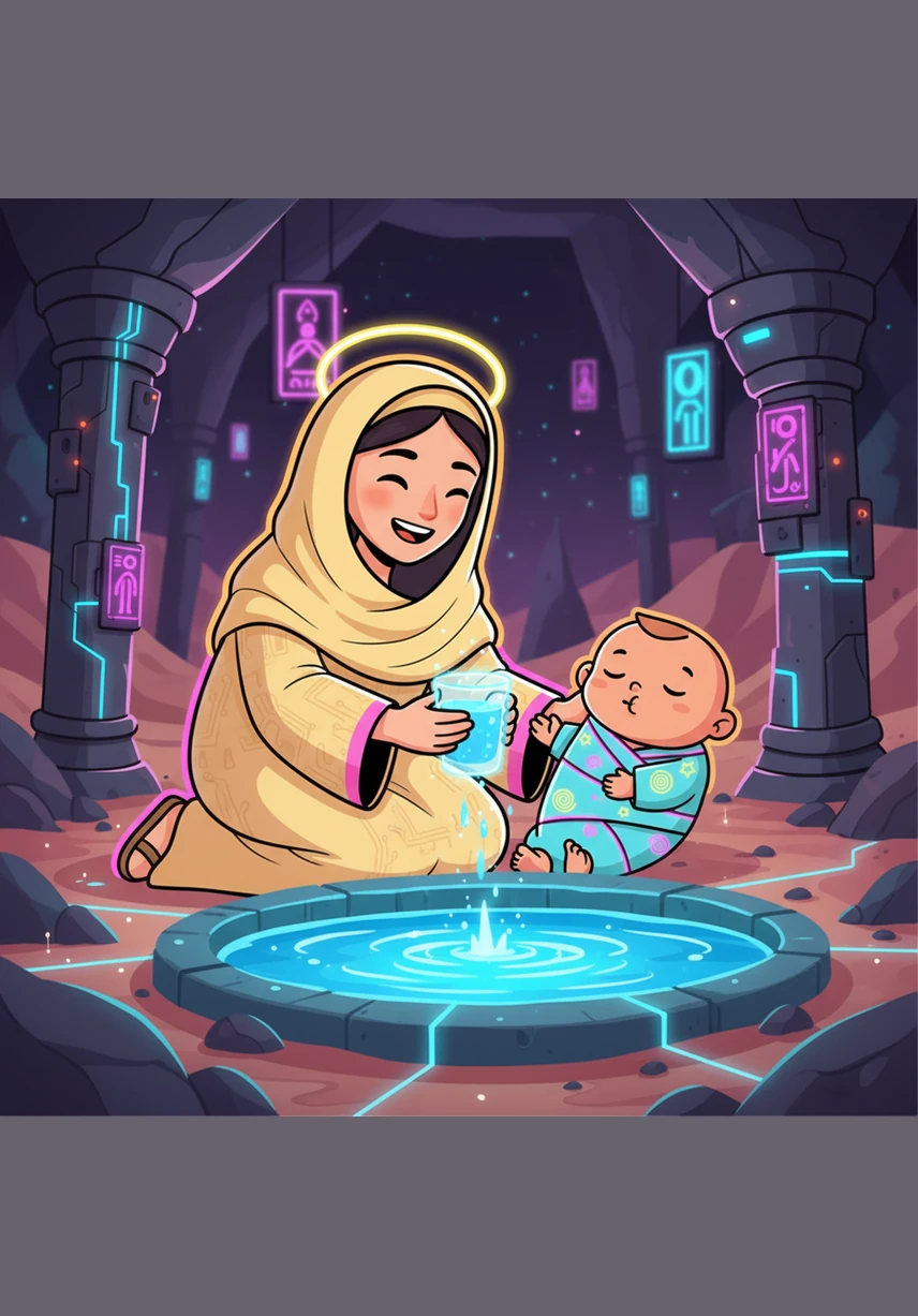 Hajar is so happy and relieved as she scoops up the cool, bright blue Zamzam water. She helps her baby drink the refreshing water, and they both feel safe and cared for.