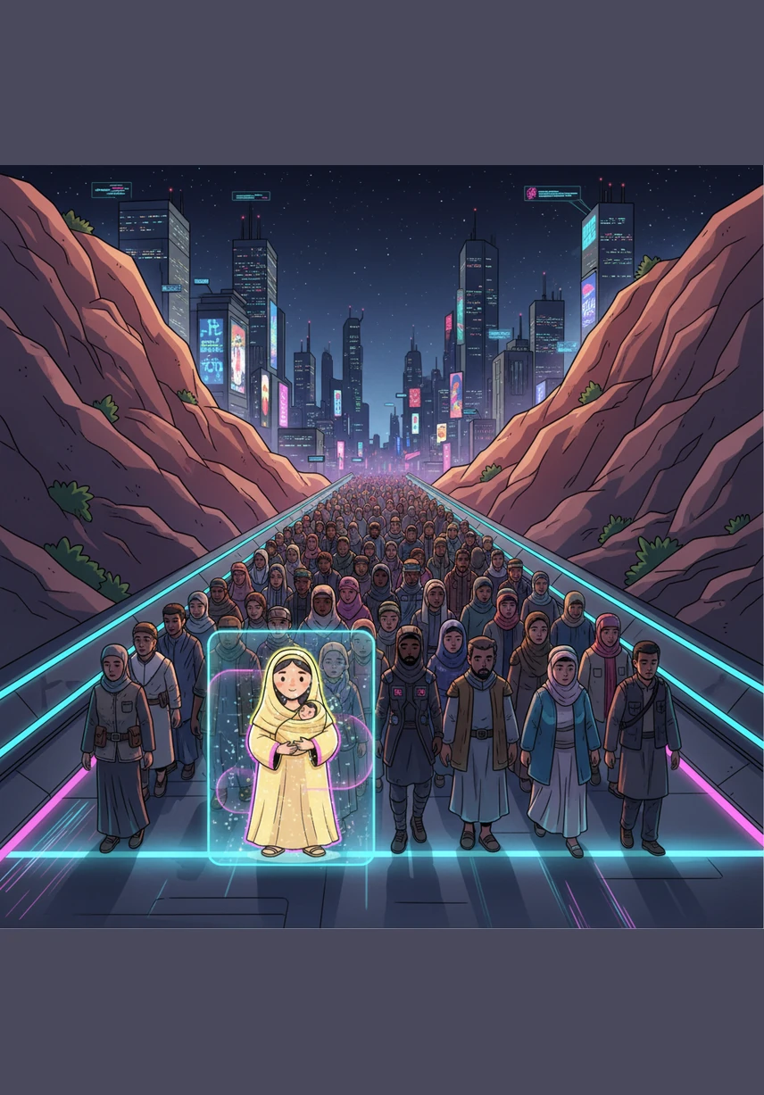 Many years later, people from all over the world come to walk the same path between the two hills. They follow in Hajar’s footsteps, remembering her brave journey and her great faith.