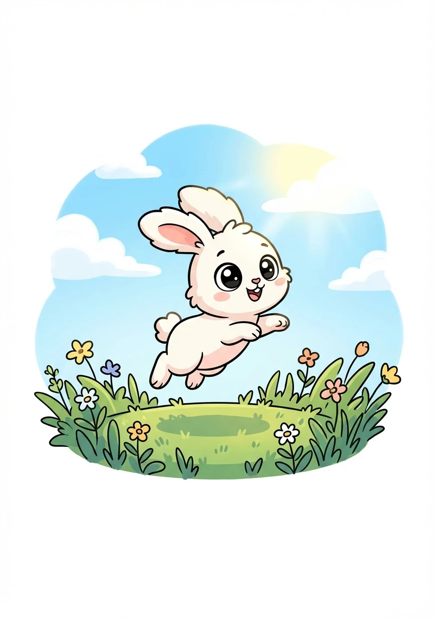 在一个阳光明媚的早晨,小兔跳跳正在草地上快乐地跳跃。他长着毛茸茸的白耳朵和一双乌溜溜的大眼睛,看起来非常可爱。