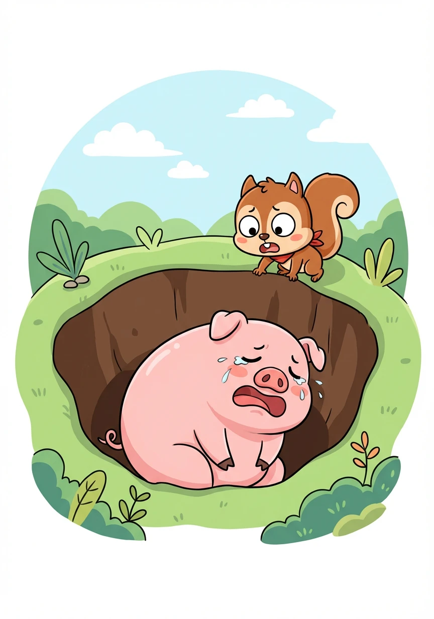 跳跳发现大猪笨笨掉进了一个深坑里,正在无助地哭泣。笨笨又胖又圆,看起来非常沮丧。