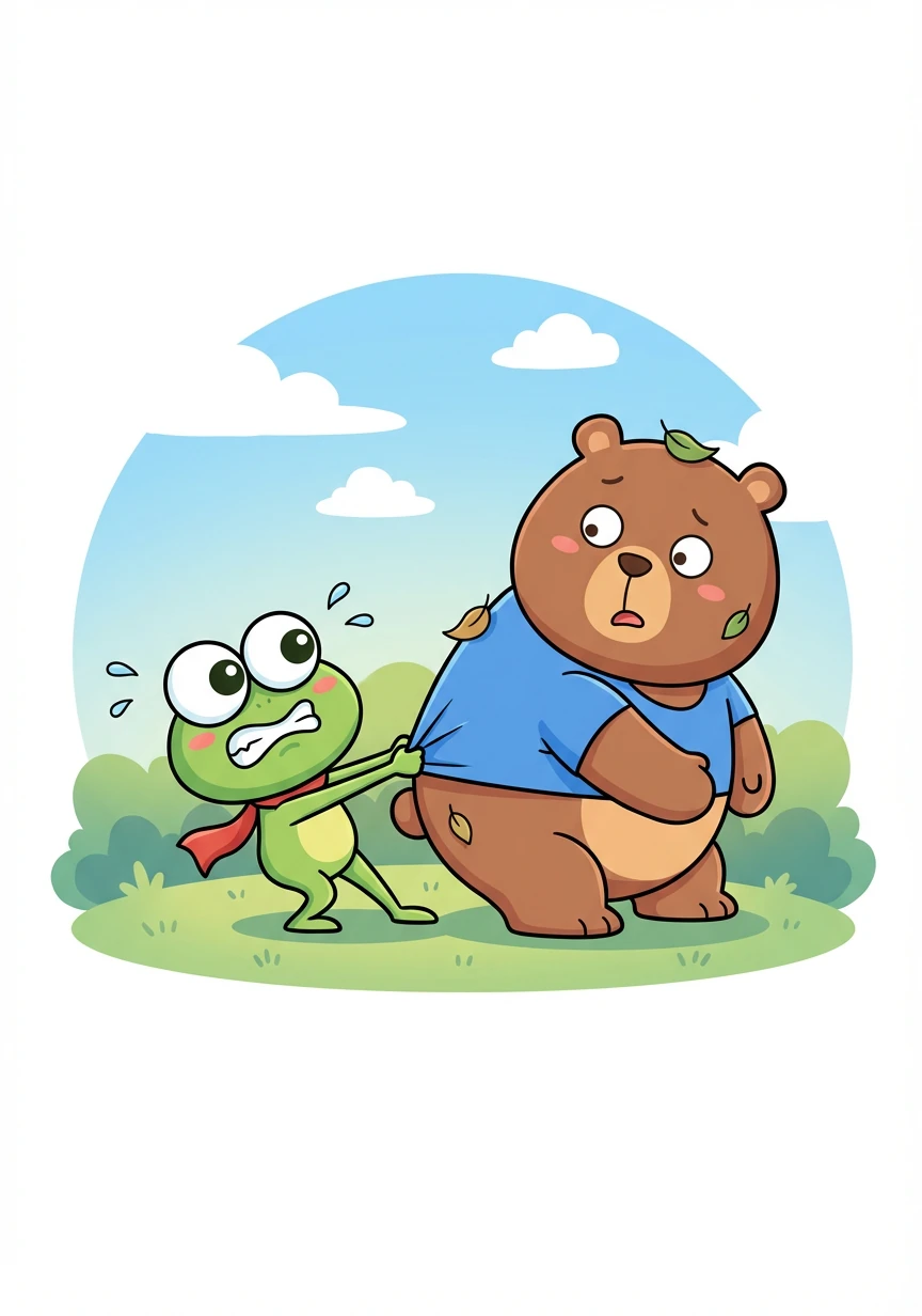 跳跳决定帮助笨笨。他试着拉笨笨,可是笨笨太重了,他根本拉不动。