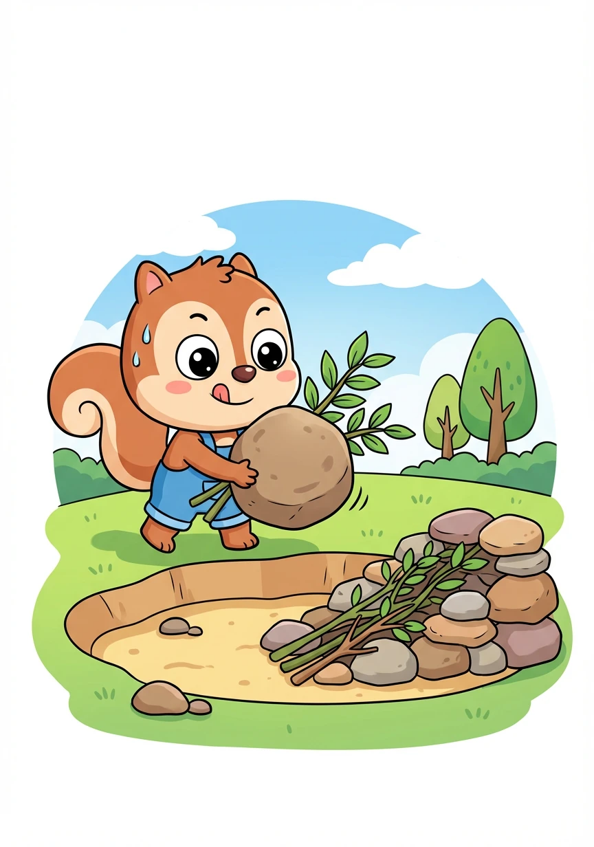 跳跳灵机一动,跑去搬来一些树枝和石头。他用这些东西在坑里堆成了一个斜坡。