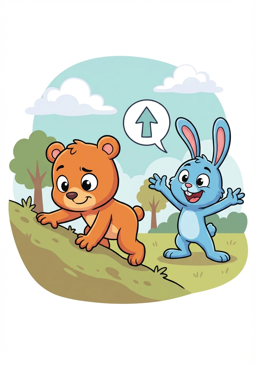 笨笨小心翼翼地沿着斜坡往上爬。跳跳在一旁鼓励他,给他加油。