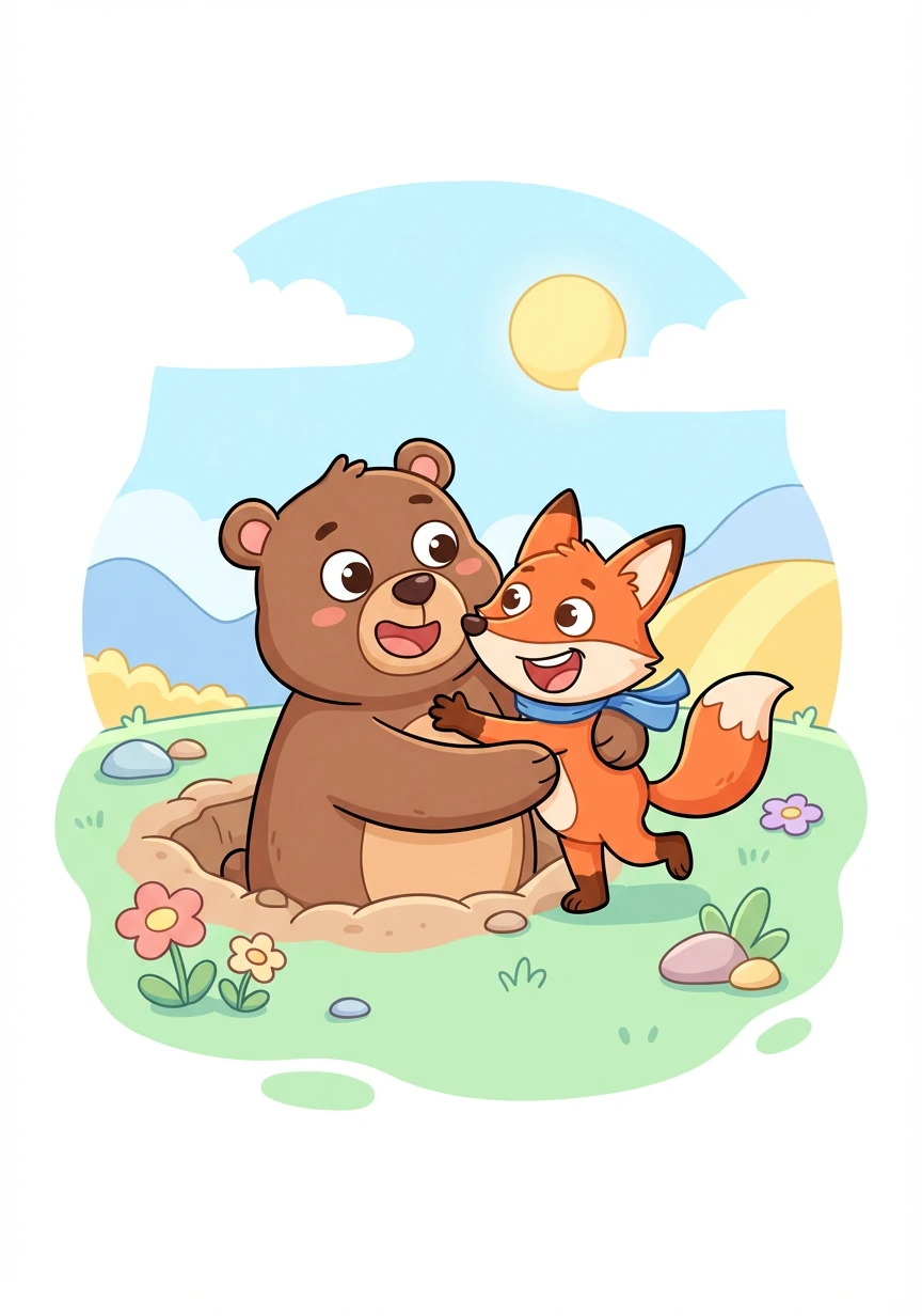 经过一番努力,笨笨终于爬出了深坑。他激动地拥抱了跳跳,感谢他的帮助。