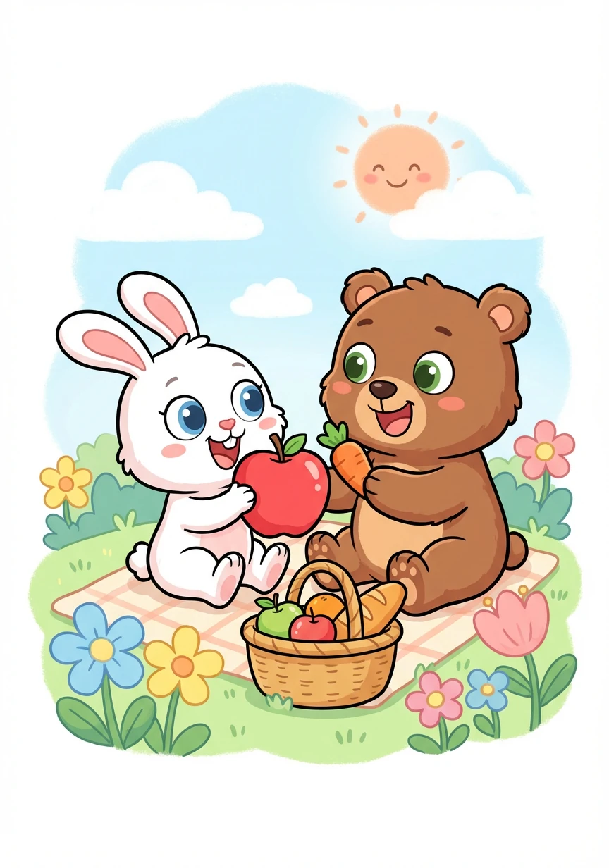 跳跳和笨笨成为了好朋友。他们一起玩耍,一起分享食物,快乐地度过每一天。