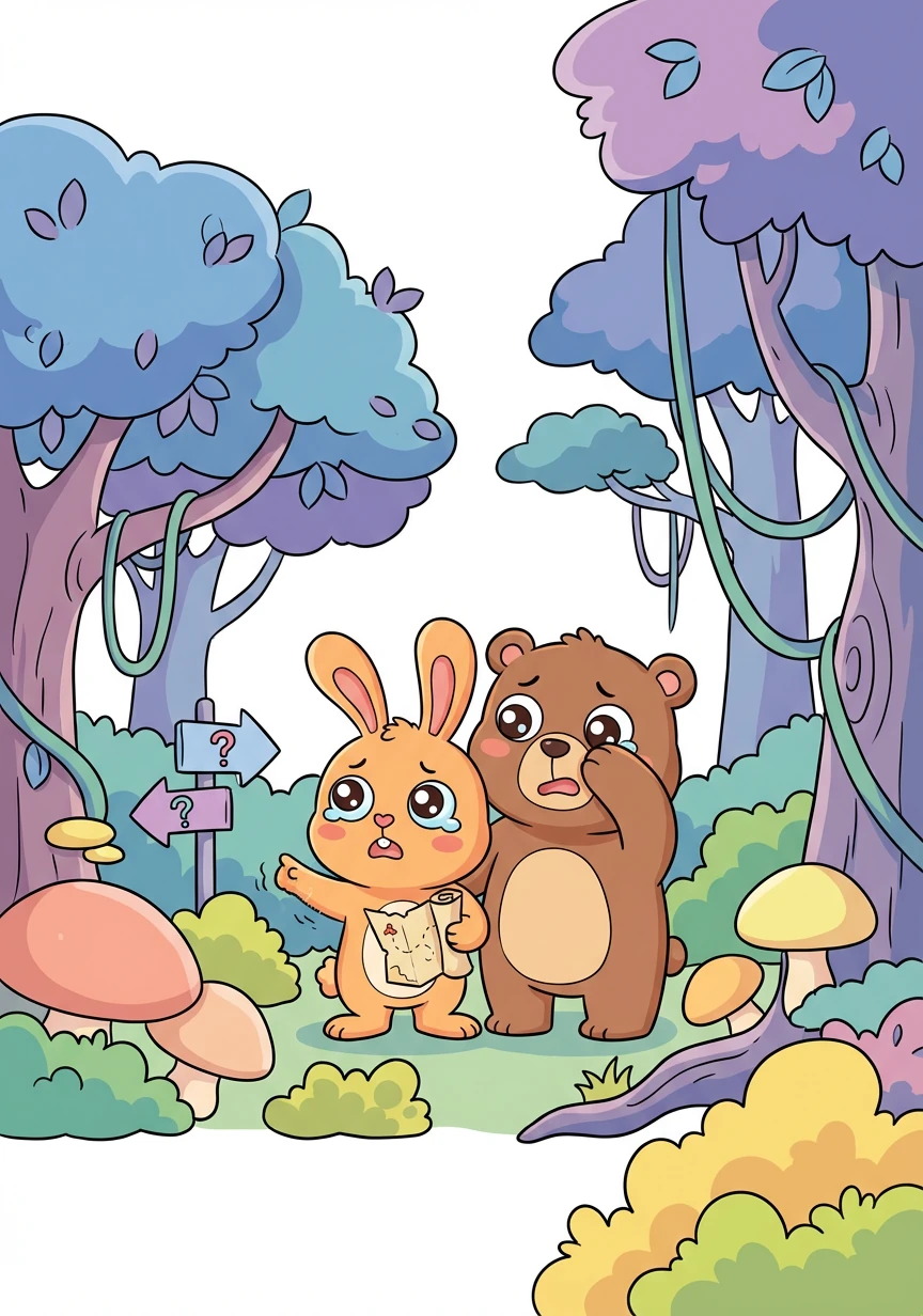 有一天,跳跳和笨笨在森林里迷路了。他们感到害怕,不知道该怎么办。