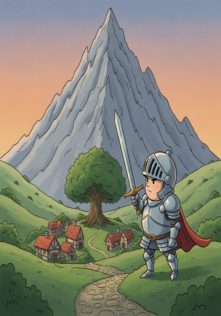 The image shows a small, determined knight named Sam, standing at the foot of a tall, imposing mountain. The village of Oakhaven is nestled safely in the valley below, its houses looking small and vulnerable.