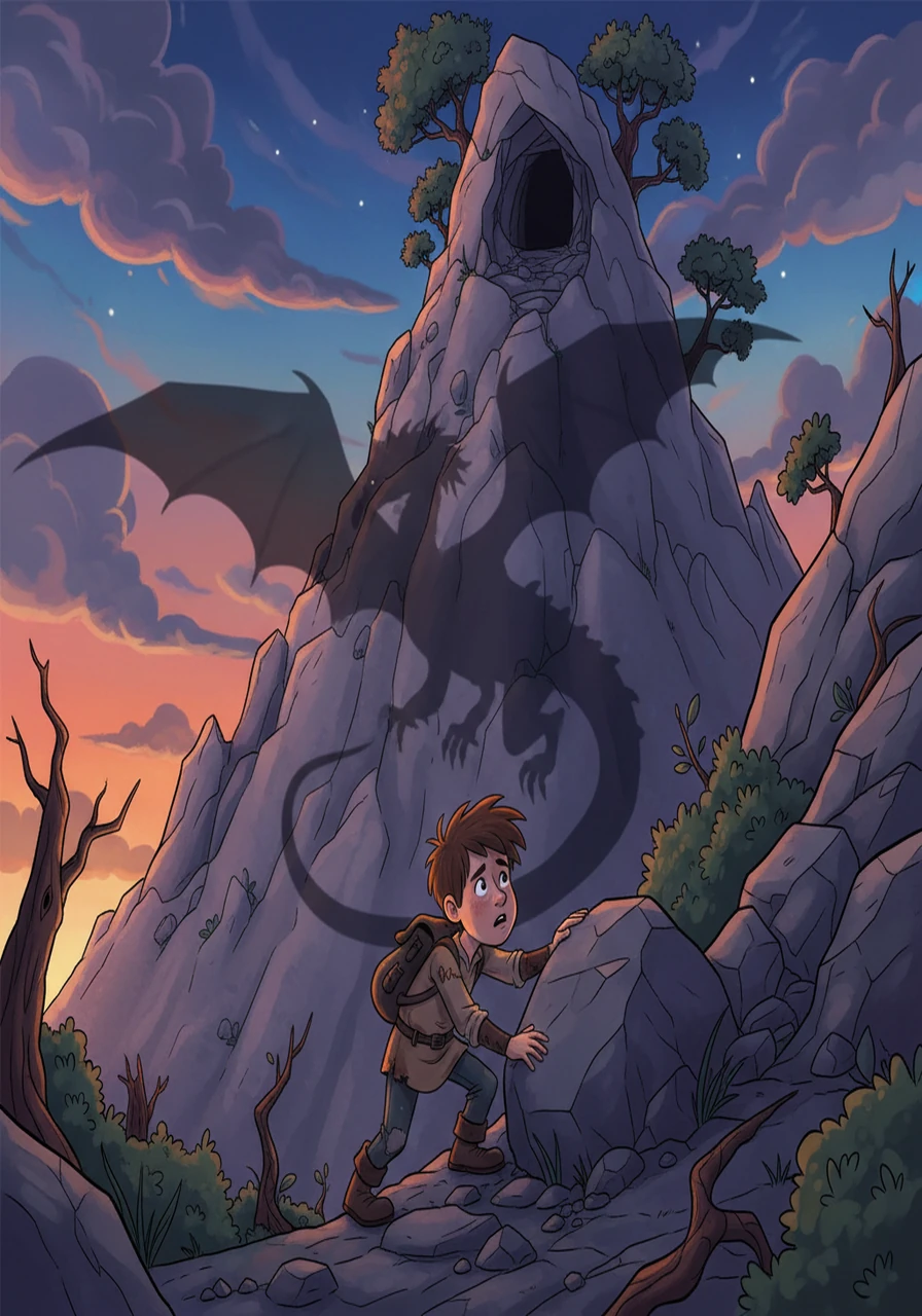 The illustration depicts Sam struggling up the rocky path. He is looking up at the summit of the mountain, where a cave entrance can be seen. The dragon's shadow looms on the mountain, creating a sense of foreboding.