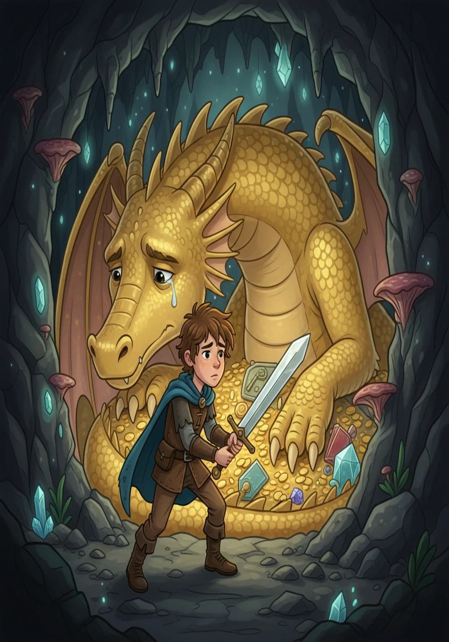 Finally, Sam reached the dragon's cave. He crept inside, his sword drawn, ready for a fight. Instead, he found a large, golden dragon, its head resting sadly on its claws.