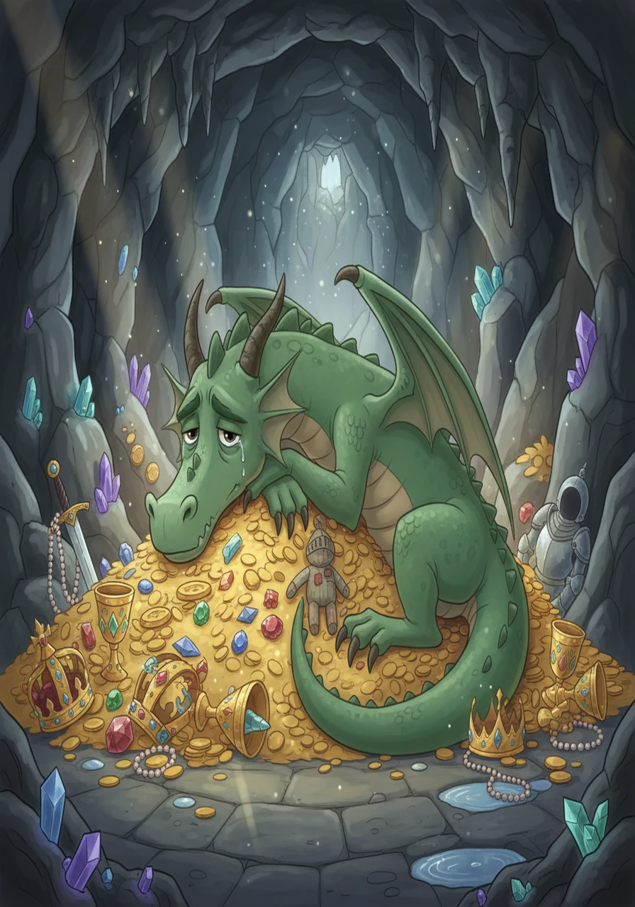 The image reveals the interior of the dragon's cave. The dragon is not fierce, but rather appears lonely and forlorn. The cave is filled with treasures, but the dragon seems uninterested.