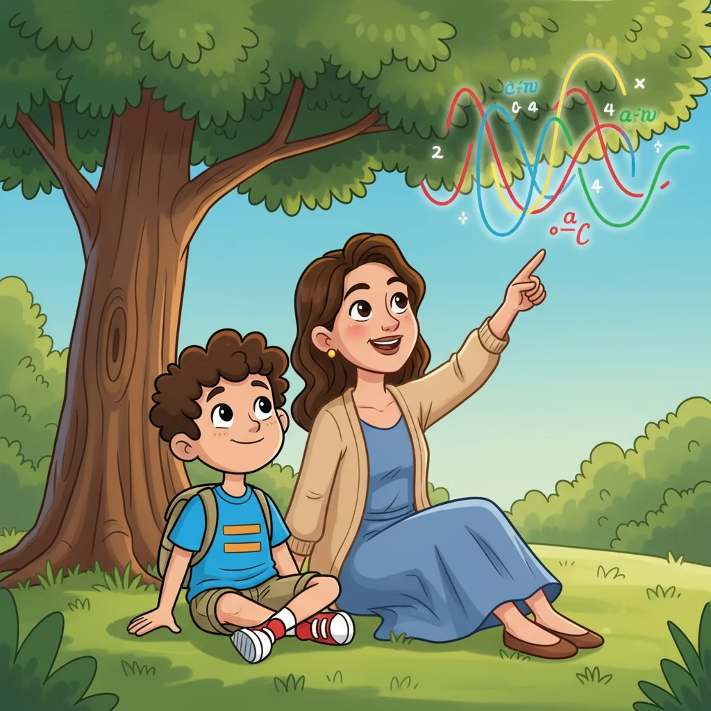 La imagen muestra a Leo y a la maestra Elara sentados bajo un árbol en un parque, ambos sonriendo. Elara señala algo en el cielo, mientras Leo observa con interés. En el cielo, se ven representaciones gráficas de funciones matemáticas.