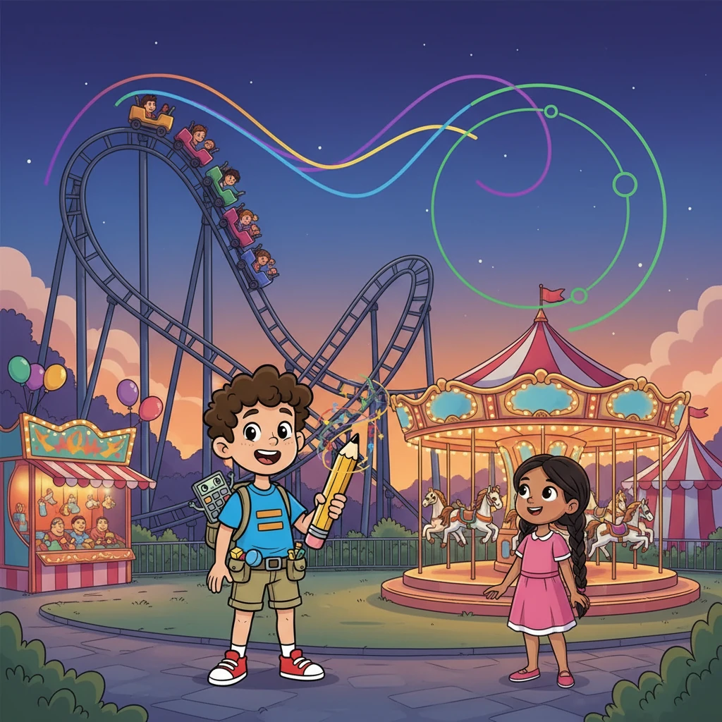 La ilustración muestra a Leo y a Elara en una feria.  Leo está fascinado mirando una montaña rusa que se eleva y desciende, con una representación gráfica de la función cúbica sobre ella.  En otra parte, un carrusel gira con una función circular dibujada.