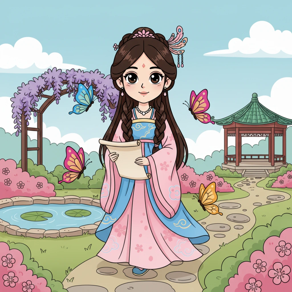 Mei Lin, a noblewoman of unparalleled grace and sharp wit, strolls through her family's exquisite garden. Her silken robes flow around her as she studies a scroll, her expression thoughtful and independent. Butterflies with exaggerated wings flutter playfully around her, adding a touch of whimsy to the serene setting.