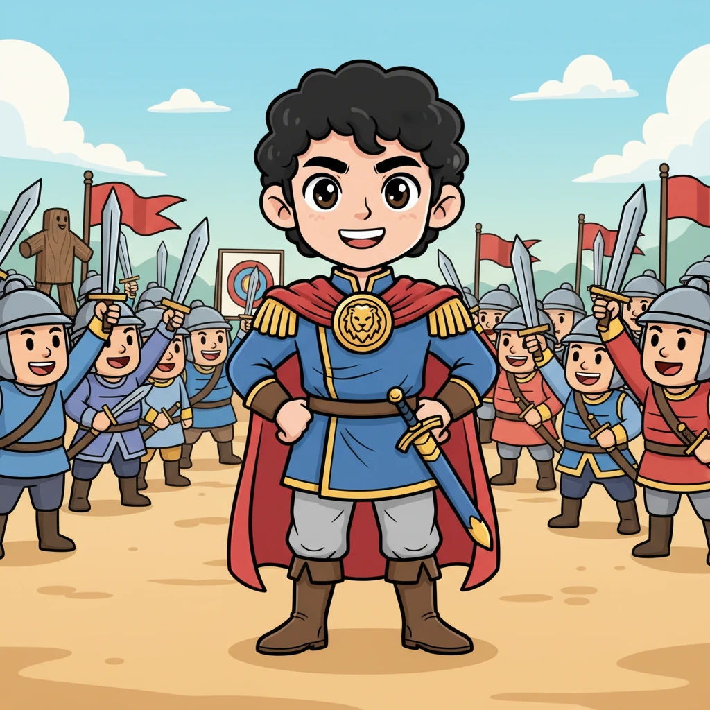 General Li Wei, a broad-shouldered hero with a beaming smile, stands proudly on the bustling training grounds. He is surrounded by adoring soldiers, his armor gleaming under the sun. He gazes into the distance, a determined glint in his eye, clearly captivated by the rumors of Mei Lin's beauty and intelligence.