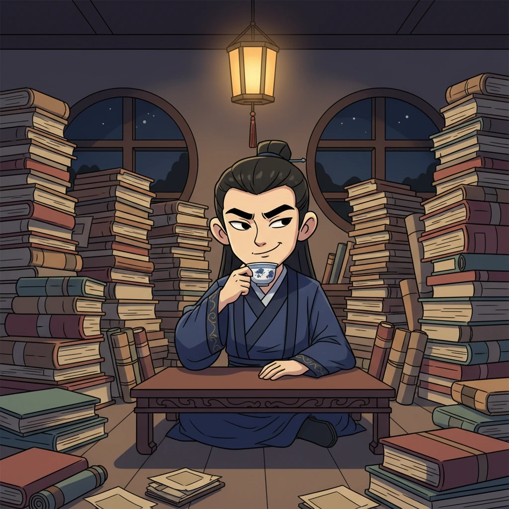 Advisor Zhao Feng, elegant and composed, sits at a low table in a dimly lit study, surrounded by stacks of ancient texts. His features are sharp, and a sly, knowing smirk plays on his lips as he sips tea, pondering political strategies and the intriguing challenge Mei Lin represents. Shadows dance playfully around him, hinting at his complex nature.