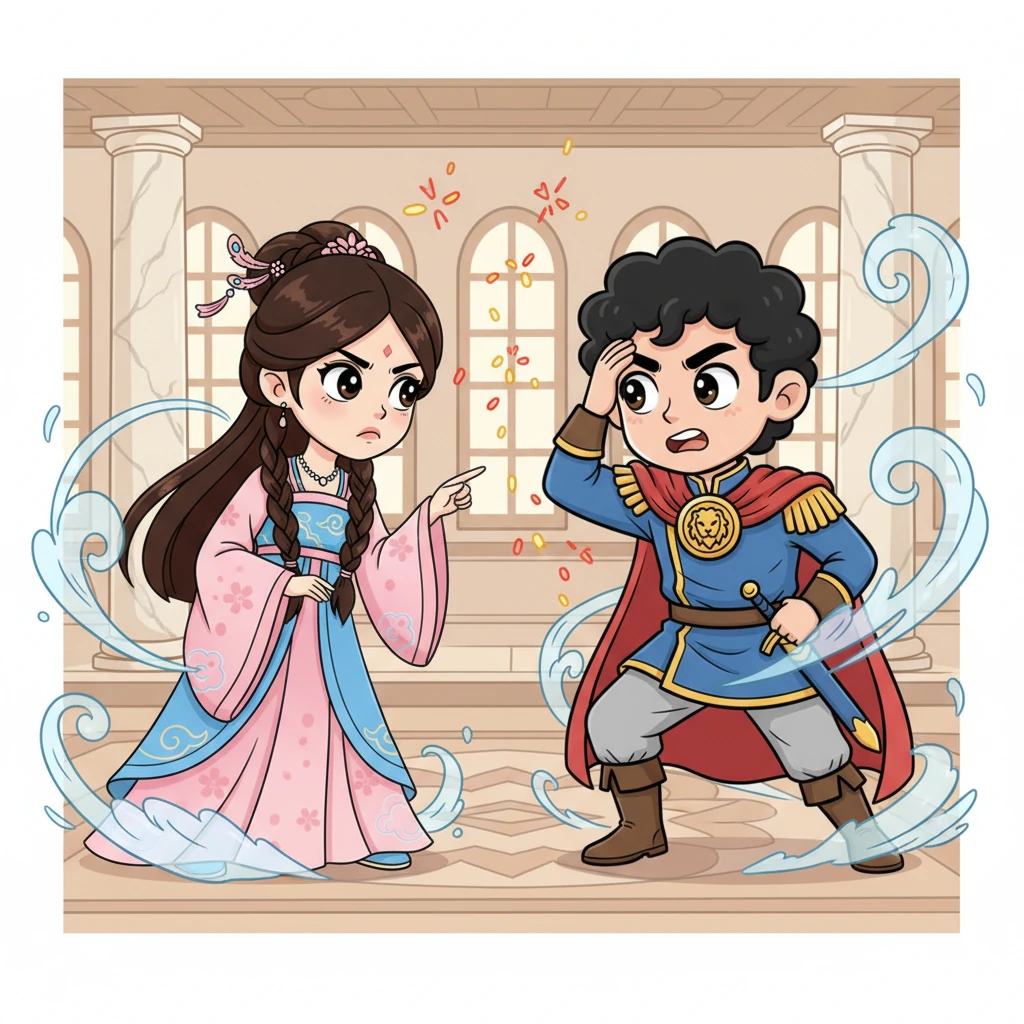 Mei Lin and Advisor Zhao Feng face each other in a grand hall, their stances mirroring a chess match. Sparks of intellectual fire fly between them as they engage in a debate, their exaggerated expressions showing a mix of frustration and undeniable fascination. Playful gusts of wind seem to swirl around them, emphasizing their clash of wills.