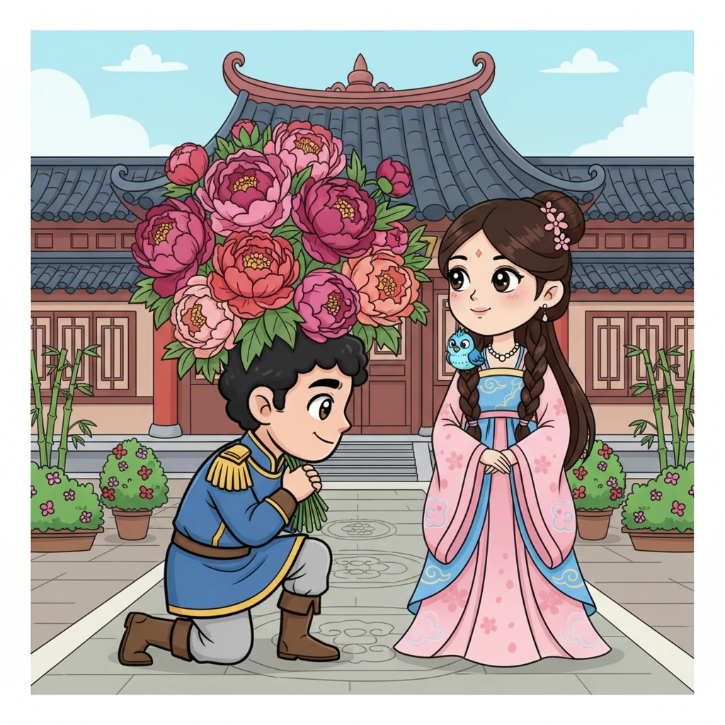 General Li Wei presents Mei Lin with a magnificent bouquet of oversized, vibrant peonies in a formal courtyard. He bows earnestly, his face full of sincere admiration, but Mei Lin, while polite, wears a subtle expression of amusement, finding his directness charming but a little predictable. A tiny, mischievous bird perches on her shoulder, observing the scene.