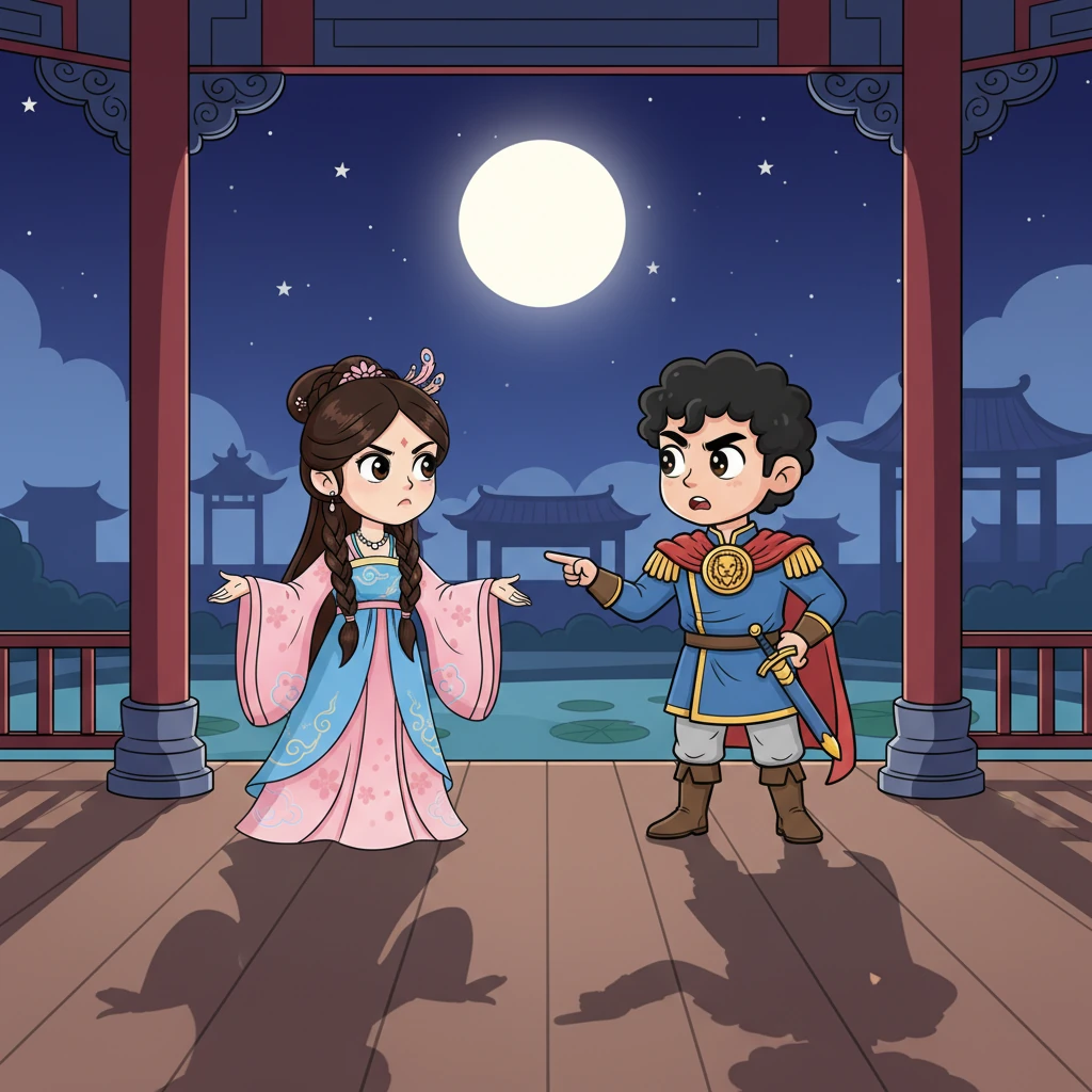 In a moonlit pavilion, Mei Lin and Advisor Zhao Feng are caught in another intense discussion, their animated gestures and exaggerated facial expressions conveying a heated exchange. Yet, their eyes meet with an undeniable spark, a shared intelligence that transcends their initial animosity. The moonlight casts dramatic, flowing shadows, highlighting their growing connection.