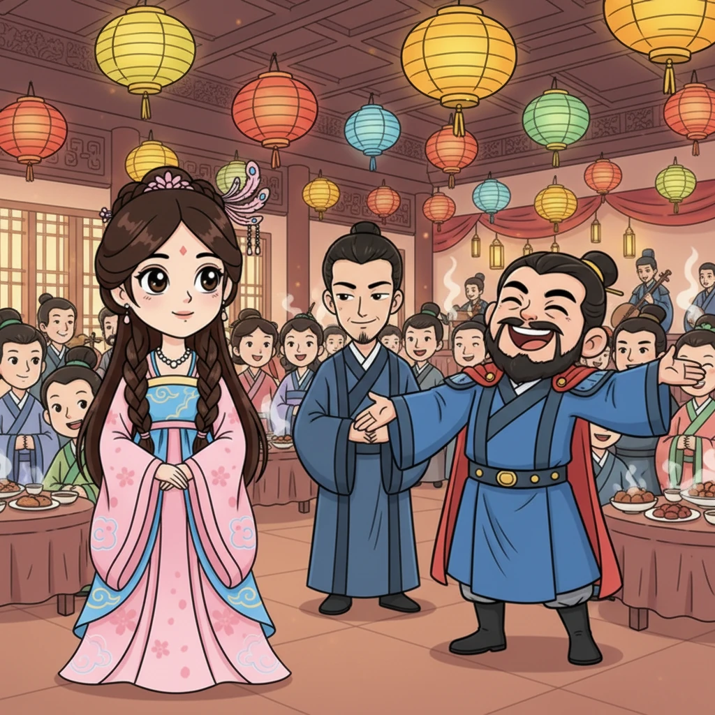 At a lively imperial banquet, Mei Lin observes General Li Wei laughing boisterously with others, a picture of straightforward charm. Her gaze, however, keeps drifting towards Advisor Zhao Feng, who is subtly engaging her with witty, challenging remarks across the crowded room, a playful glint in his eye. Colorful lanterns sway gently, illuminating the complex web of gazes.