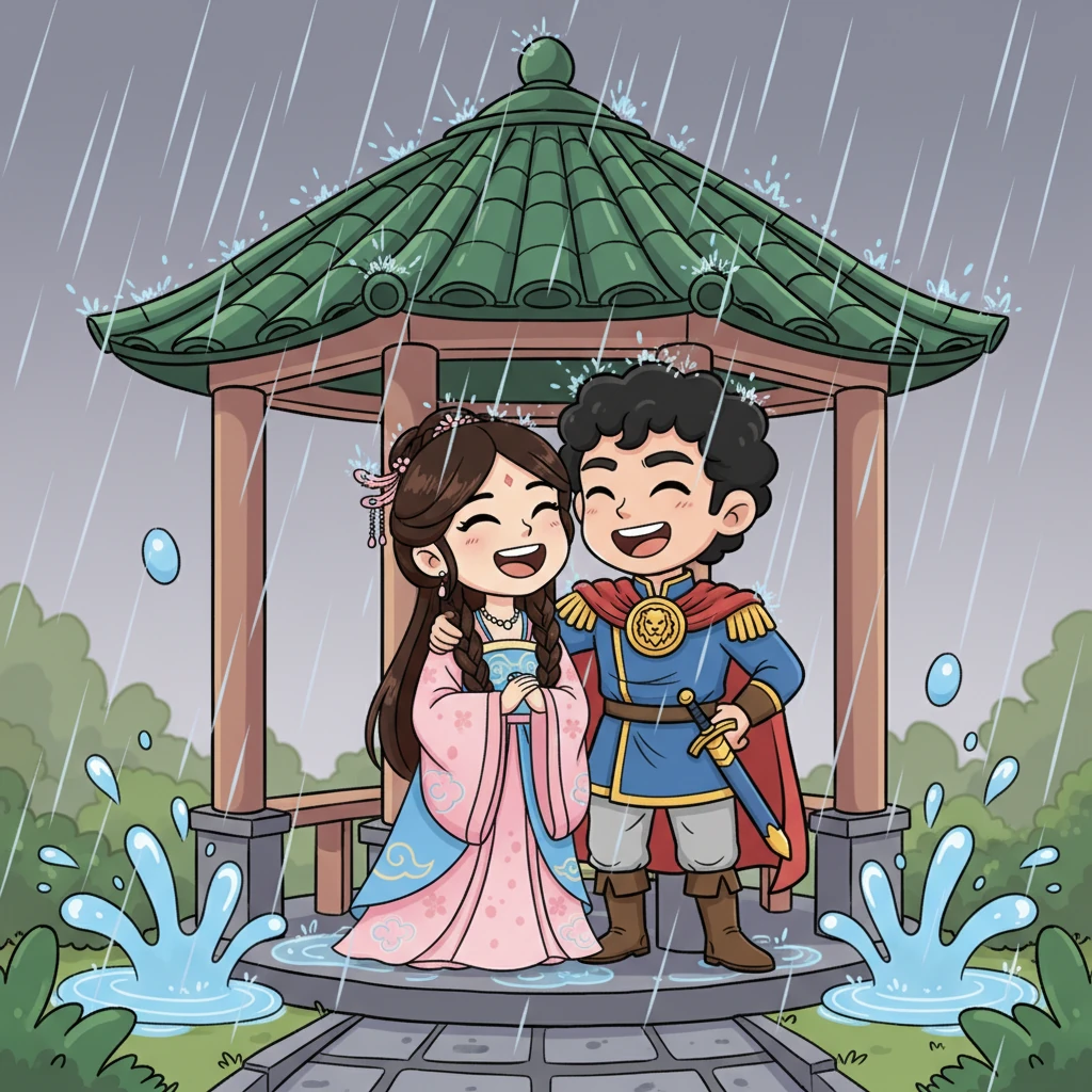 A sudden downpour traps Mei Lin and Advisor Zhao Feng under a small, ornate garden gazebo. As they wait out the storm, huddled closely, a shared, genuine laugh breaks through their usual banter, revealing a softer, more understanding side to their relationship. Giant, cheerful raindrops bounce off the roof, adding to the intimate, unexpected moment.