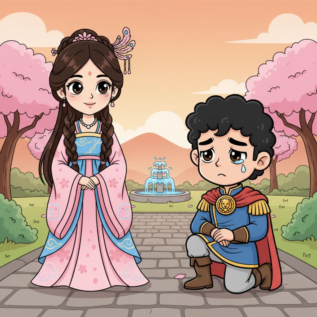 Mei Lin gently but firmly declines General Li Wei's earnest proposal, her expression kind but resolute. He looks momentarily deflated, his broad shoulders drooping slightly, but he nods respectfully, understanding her heart belongs to another. A single, dramatic tear welling in his eye is quickly blinked away, showing his true noble spirit.