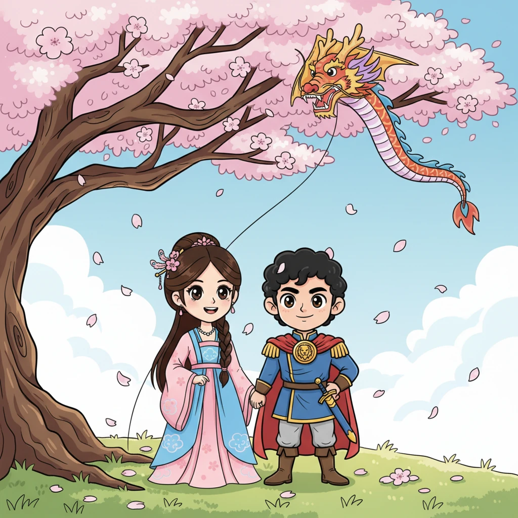 Mei Lin and Advisor Zhao Feng stand hand-in-hand beneath a blossoming cherry tree, its exaggerated petals raining down around them like confetti. Their faces are alight with genuine affection and a shared, knowing smile, their journey from sharp-tongued rivals to devoted lovers complete. A playful dragon kite soars high above them, symbolizing their soaring future.