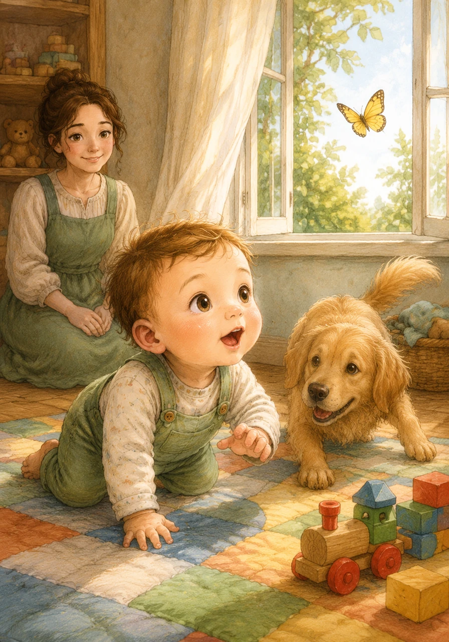 Toby sits on a colorful playmat, spotting a bright yellow butterfly fluttering through the open window. His eyes widen with wonder as he decides to follow his new fluttering friend across the room.