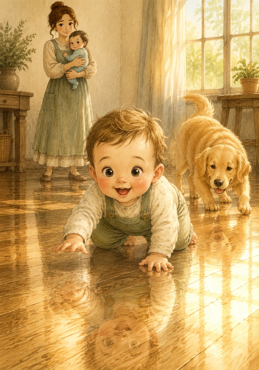 Toby crawls across the vast wooden floor, which looks like a shimmering lake reflecting the morning sun. He giggles as his hands make tiny rhythmic sounds against the smooth, polished surface.