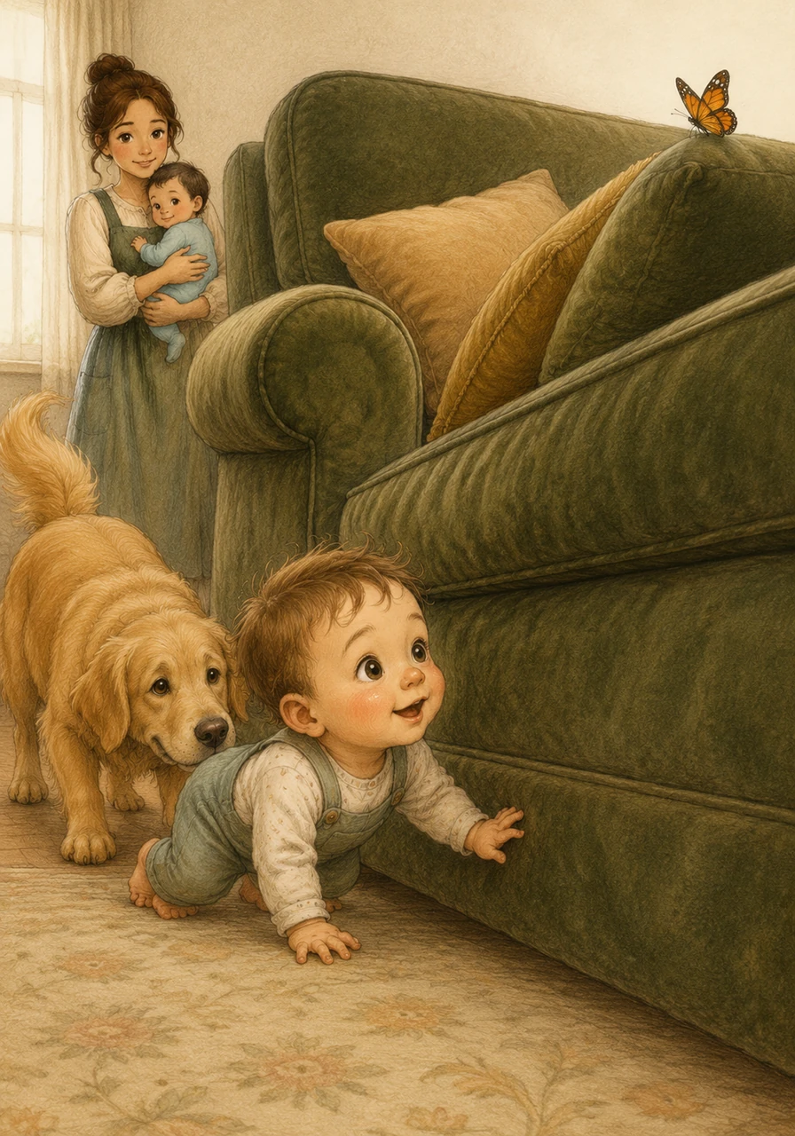 He encounters a giant mountain—the plush living room sofa—and bravely navigates around its soft, velvet base. The butterfly perches on a high cushion, beckoning him to keep moving forward into the unknown.