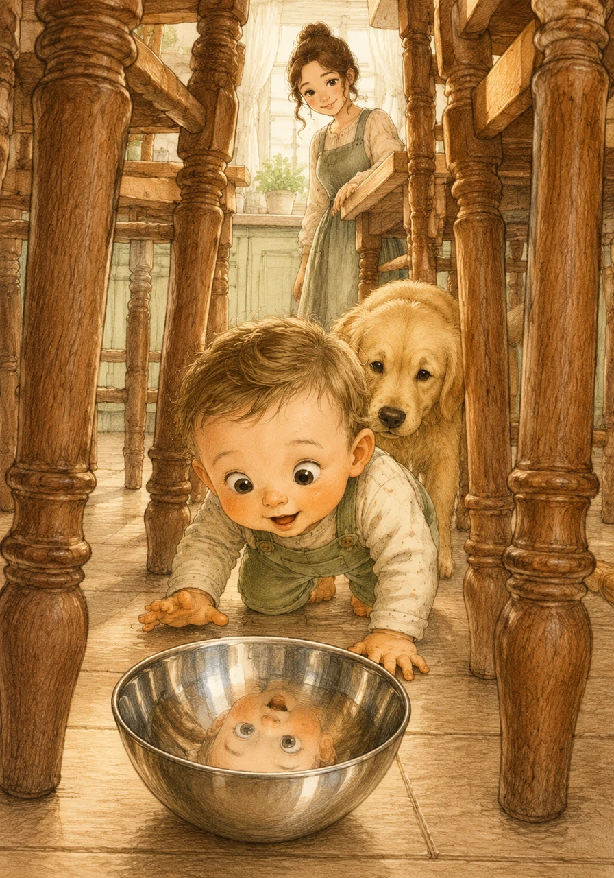 Toby enters the kitchen jungle, where the legs of the wooden chairs look like tall, sturdy trees reaching for the ceiling. He discovers a shiny silver bowl on the floor that reflects his own curious face back at him.