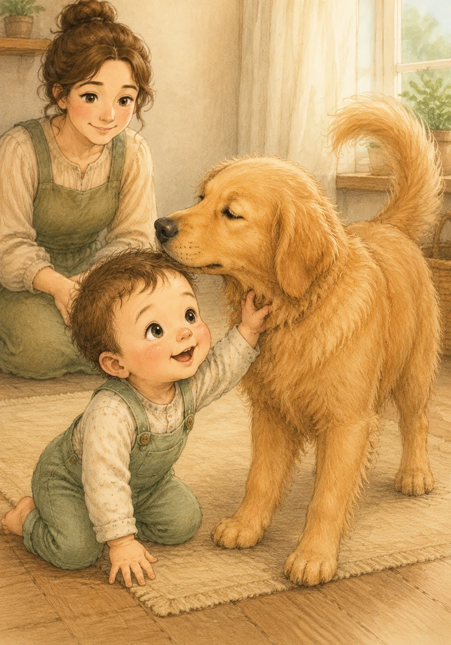 A friendly golden retriever named Barnaby joins the quest, gently sniffing Toby's hair with a happy, wagging tail. Toby reaches out to touch the soft fur, finding a brave and fuzzy companion for his grand journey.