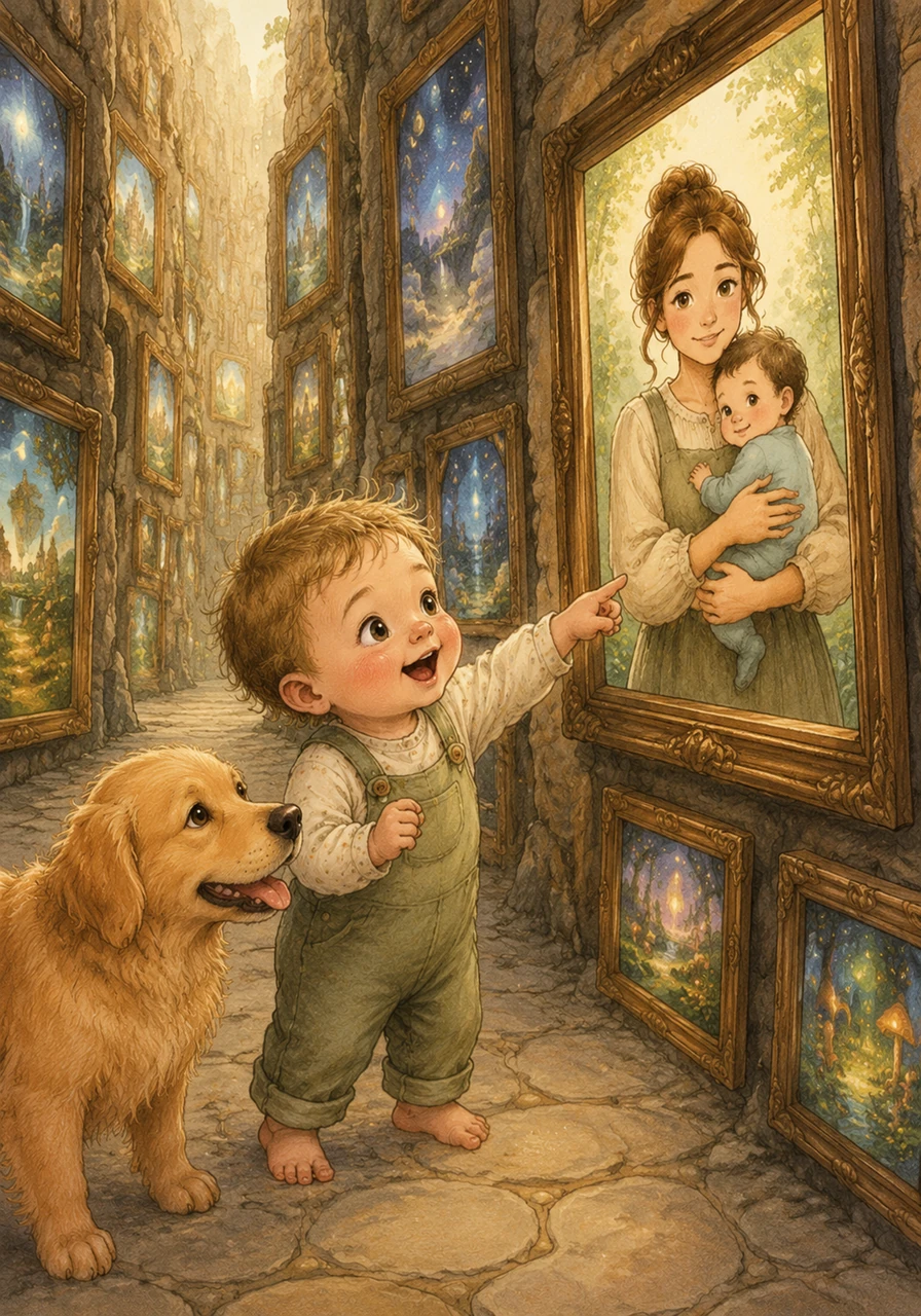 They reach the long hallway canyon, filled with framed pictures that look like windows into different magical worlds. Toby stops to point at a photo of his family, sharing a happy babble of excitement with Barnaby.