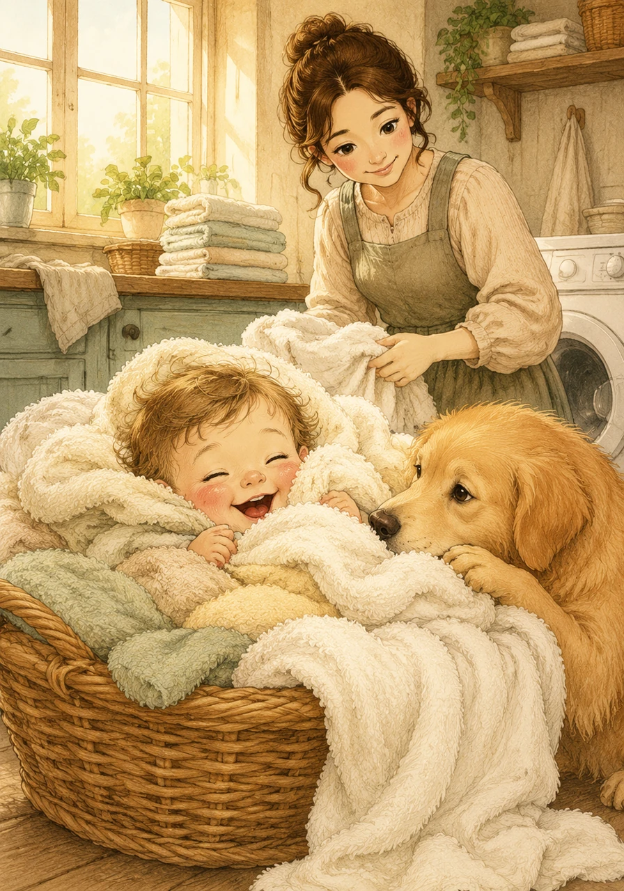 In the sun-drenched laundry room, Toby finds a basket of freshly dried towels that feels like a soft, warm cloud. He burrows into the mountain of fluff, feeling the cozy warmth against his cheeks as he takes a tiny break.