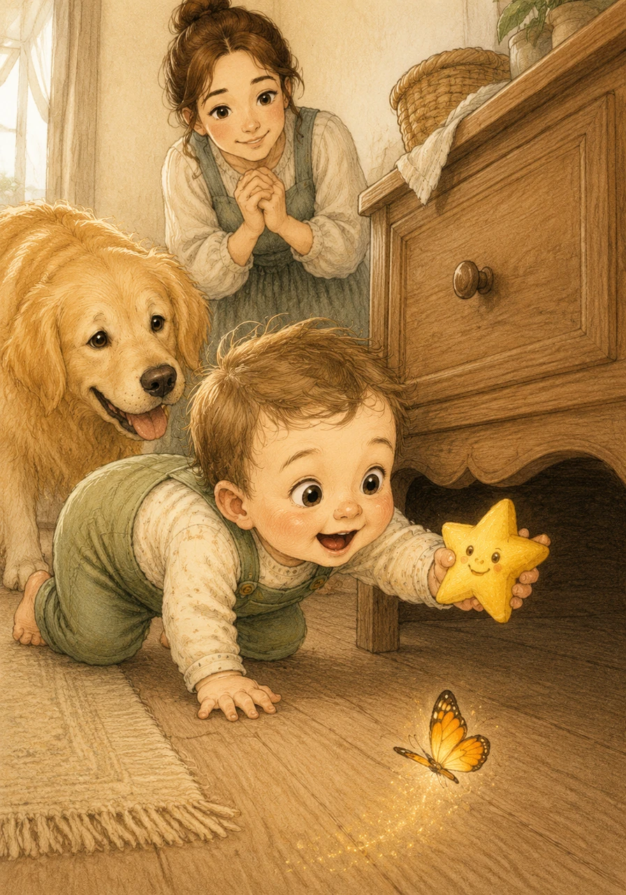 The butterfly leads him to a hidden treasure—a forgotten squeaky toy shaped like a bright yellow star tucked under the sideboard. Toby reaches out and grasps the star tightly, feeling like a true explorer who has found pure gold.