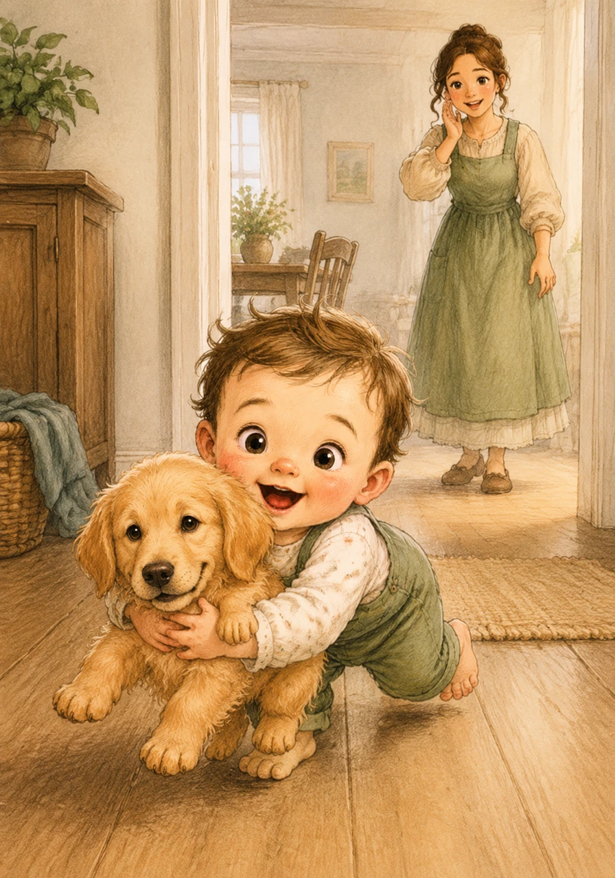 Hearing a familiar, loving voice, Toby turns back toward the living room where his mother is calling his name for lunch. He crawls back as fast as he can with his new prize, his heart full of the day's great discoveries.