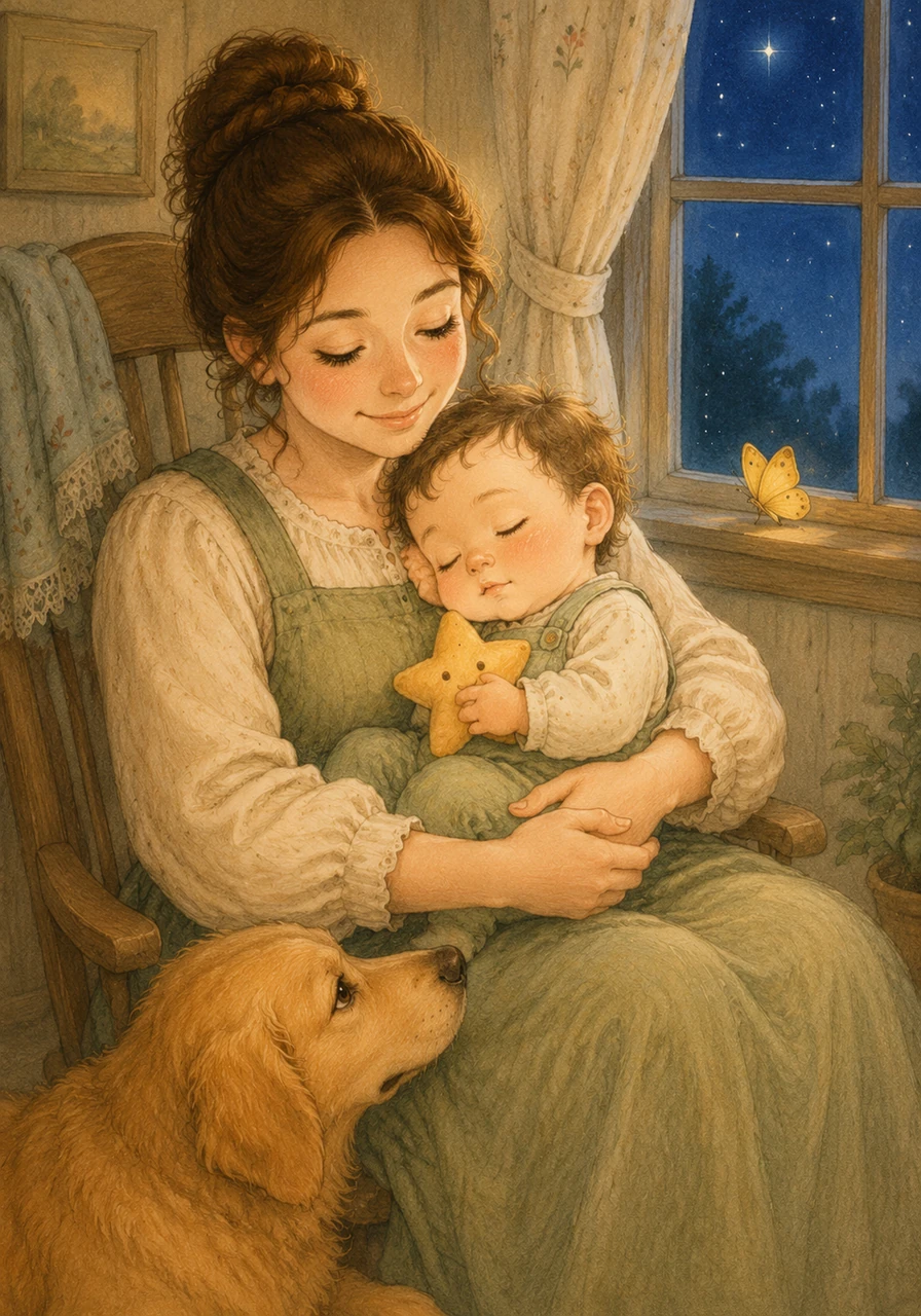 Tucked safely in his mother's arms, Toby drifts off to sleep with the star toy held fast in his tiny hand. The yellow butterfly rests on the windowsill, watching over the little adventurer as he dreams of his next big journey.