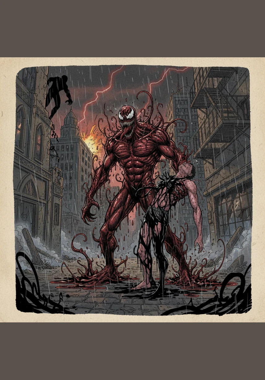 In the heart of a decaying metropolis, the crimson symbiote Carnage stands alone, his form a shifting mass of lethal red tendrils without a human host to hold him back. Before him lies Venom, the black symbiote who birthed him, now weakened and struggling to maintain his form against the sheer ferocity of his offspring.