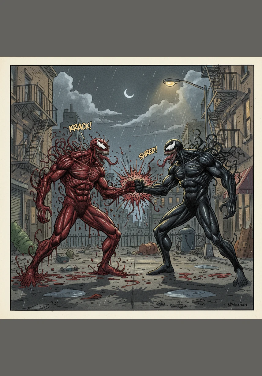 Carnage laughs a hollow, metallic sound as his limbs morph into jagged, serrated blades that glint under the flickering streetlights. He strikes with blinding speed, carving deep gashes into Venom’s obsidian hide, relishing the way the elder symbiote recoils from the sudden, sharp agony.
